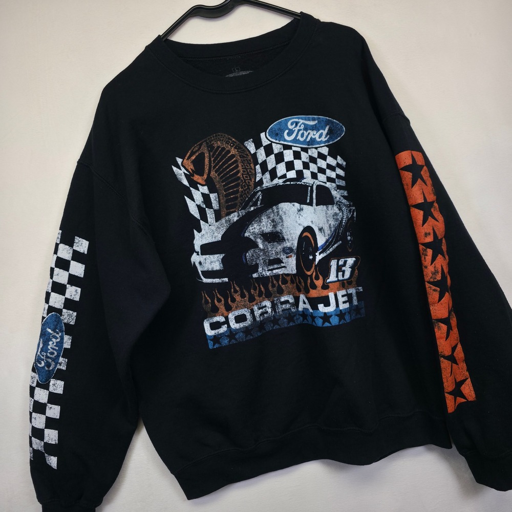 Ford Racing Sweatshirt Mens L Black Mustang Cobra Jet‎ Garage Mechanic Grunge